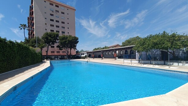 Una piscina con superficie de agua azul cristalina, rodeada por un seto bajo, un edificio de varios pisos y una zona de estar cubierta con sombrillas.