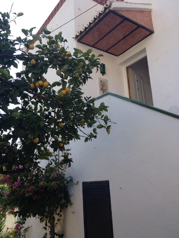 A building with a white exterior, a black window shutter, and a door. - Amazing views from 3 large terraces, views over the sea, mountain and Nerja city (Nerja)