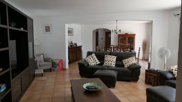 Smart-tv, een open haard, een dvd-speler en een tafeltennistafel