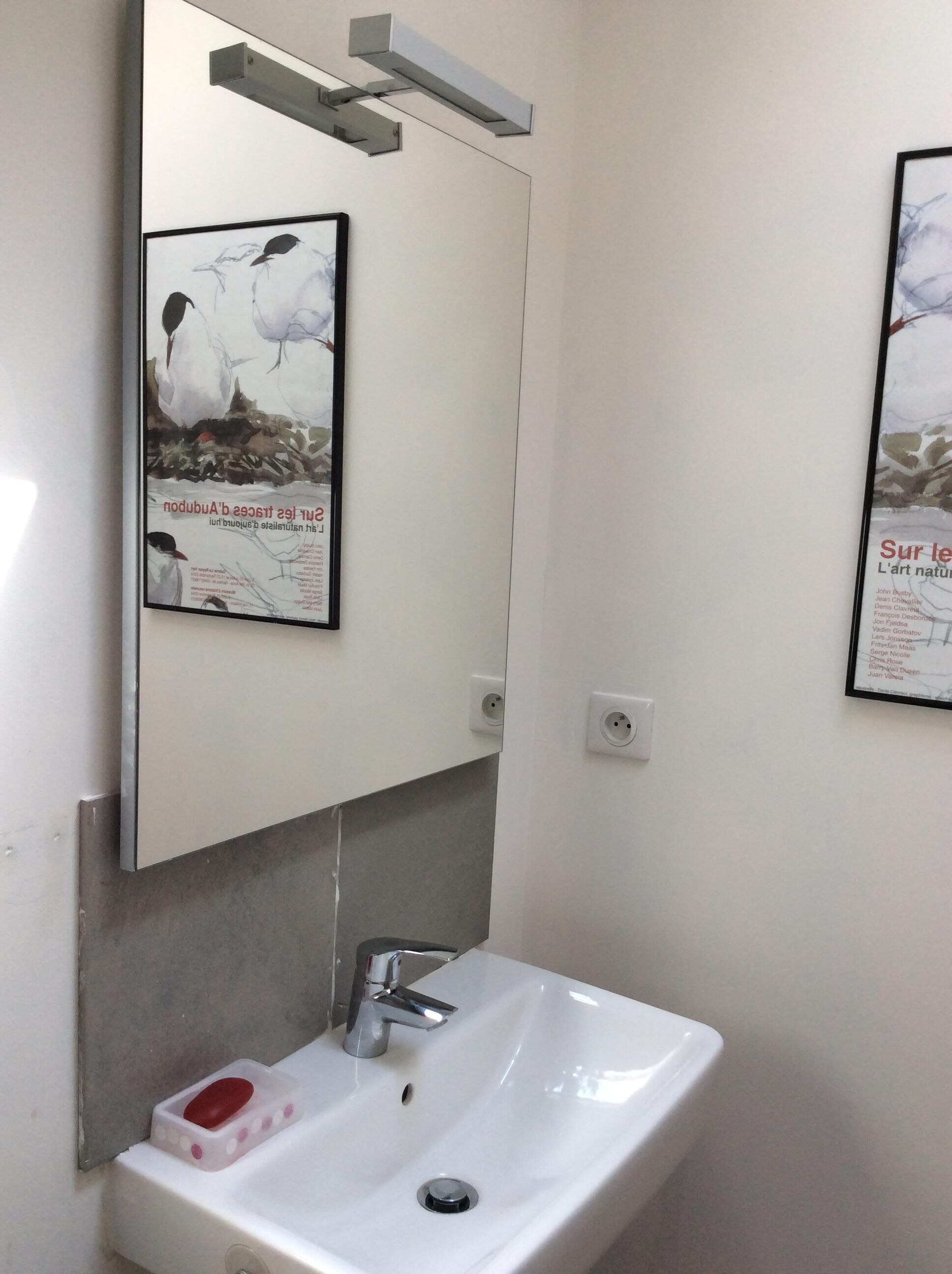 A bathroom with a white sink, a mirror, and two framed artworks on the wall.