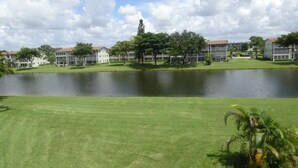 Un espacio verde con agua, árboles y edificios al fondo.