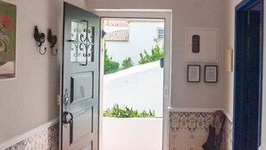 Un pasillo con piso de madera, un tapete estampado, una puerta azul y vistas al exterior con vegetación.