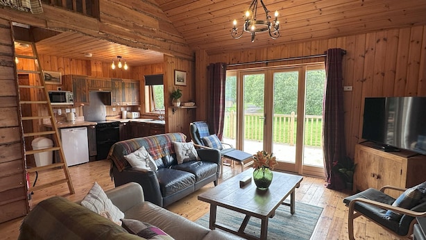 Una habitación acogedora de estilo cabaña con sala de estar, cocina y un balcón.