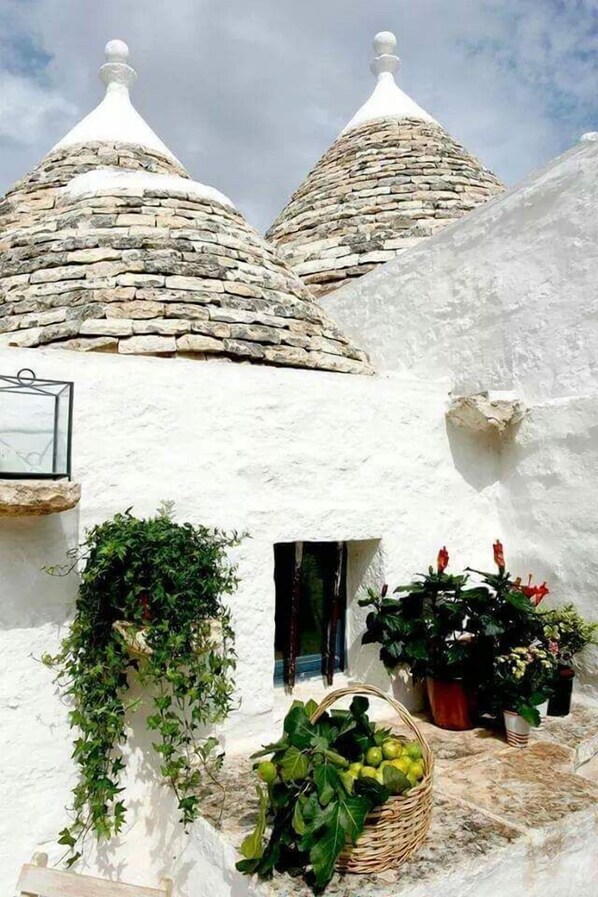 Um edifício tradicional com cúpulas revestidas de pedra, uma janela pequena e plantas em vasos.