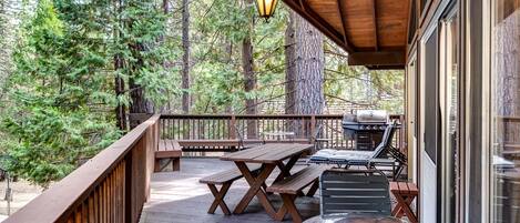 Gas BBQ, tables, chairs and chaise lounges to enjoy the serenity of the forest