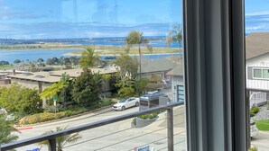 A view from a window overlooking a residential area with a body of water, palm trees, and houses. - Carolyn's Bay View Home (San Diego)