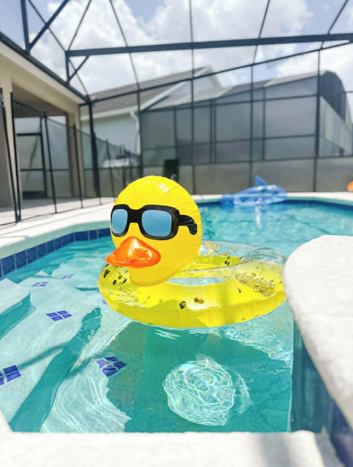 A pool with a yellow inflatable duck float.