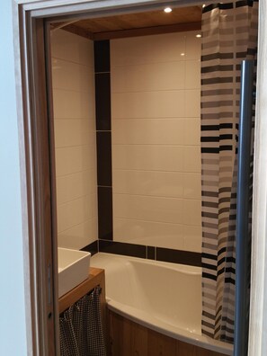 Combined shower/bathtub, hair dryer, towels, soap