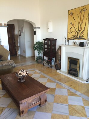 Una Smart TV, una chimenea, un reproductor de DVD, libros