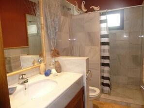 Combined shower/tub, hair dryer, towels