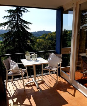 Un balcon avec une table et des chaises, un pot de fleurs et une vue sur une zone boisée.
