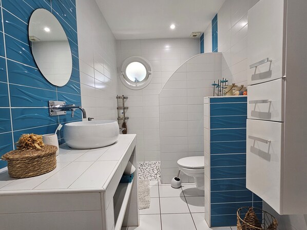 Bathtub, hair dryer, toilet paper