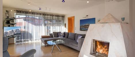Smart TV, fireplace, DVD player, books