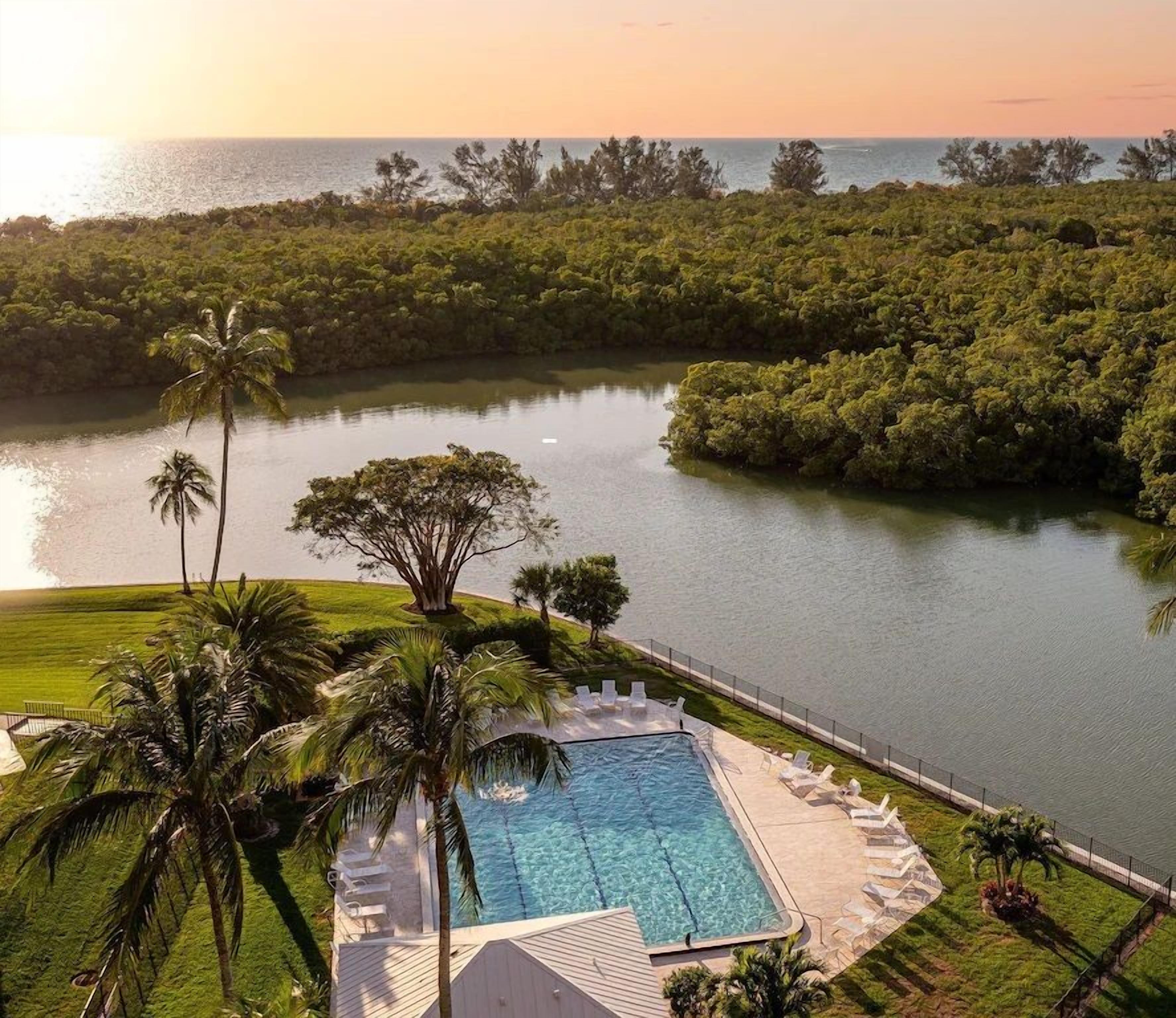 A pool with clear water, surrounded by a fence and palm trees, with a view of a lake and distant trees.