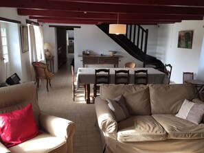 Télévision, cheminée, lecteur de DVD, livres