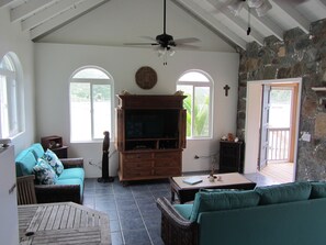 Televisión, reproductor de DVD, libros, videoteca