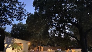 Un espacio al aire libre bien iluminado con un edificio de piedra, un árbol y varias sillas.