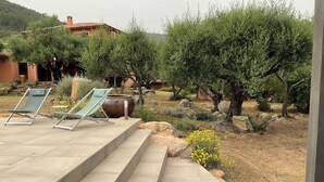 Un patio con due poltrone, un vaso grande e un sentiero in pietra che conduce a una casa.