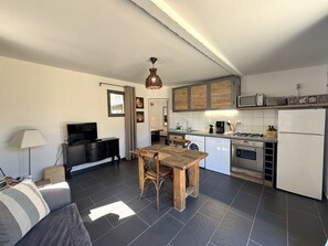 A compact living space with a dining area, kitchenette, and a TV in the living room.