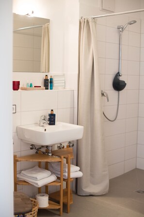 Shower, hair dryer, towels, soap