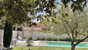Un área junto a la piscina con sillas de descanso y un árbol.