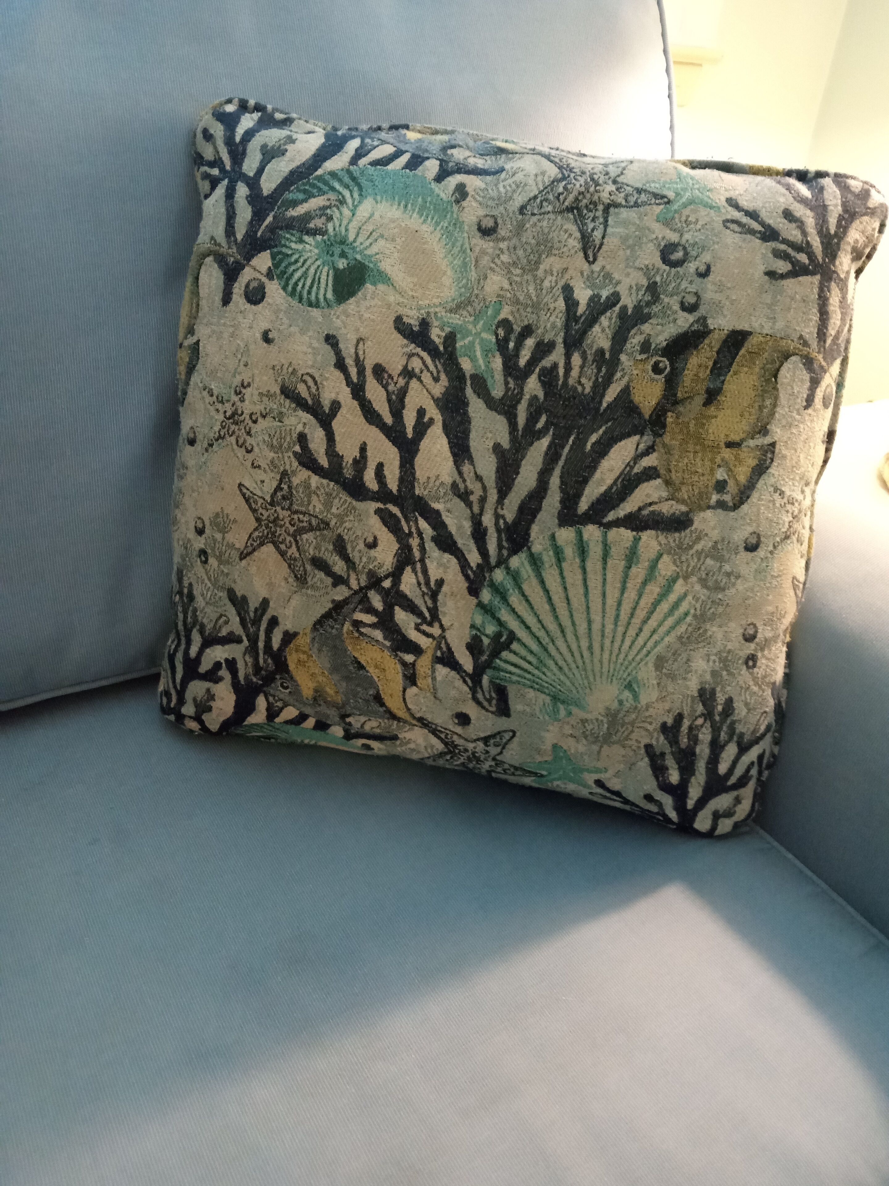 A cushion with a marine-themed design.