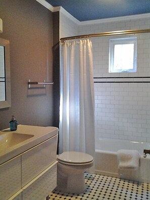 Combined shower/tub, hair dryer, towels, soap