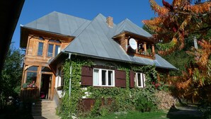 A two-story wooden house with a sloped roof, a satellite dish, and a stone wall.
