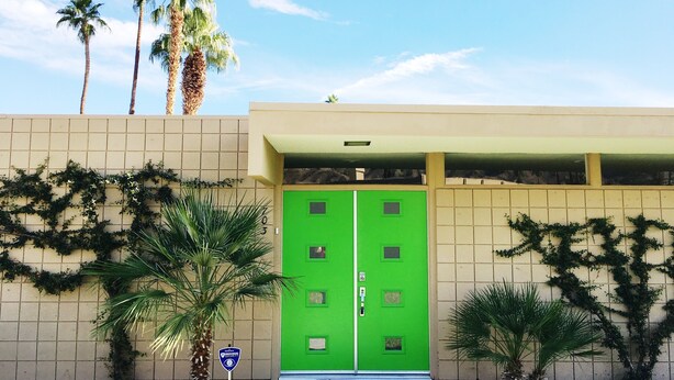 A building with a green double door, a tiled wall, and a palm tree in the foreground.