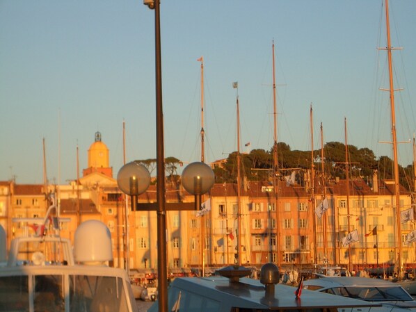 Uma marina com vários veleiros atracados, um edifício com cúpula em destaque ao fundo e um céu claro.