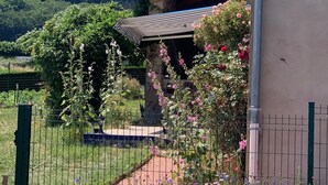 Un jardin agrémenté de diverses fleurs et doté d’une structure en pierre.