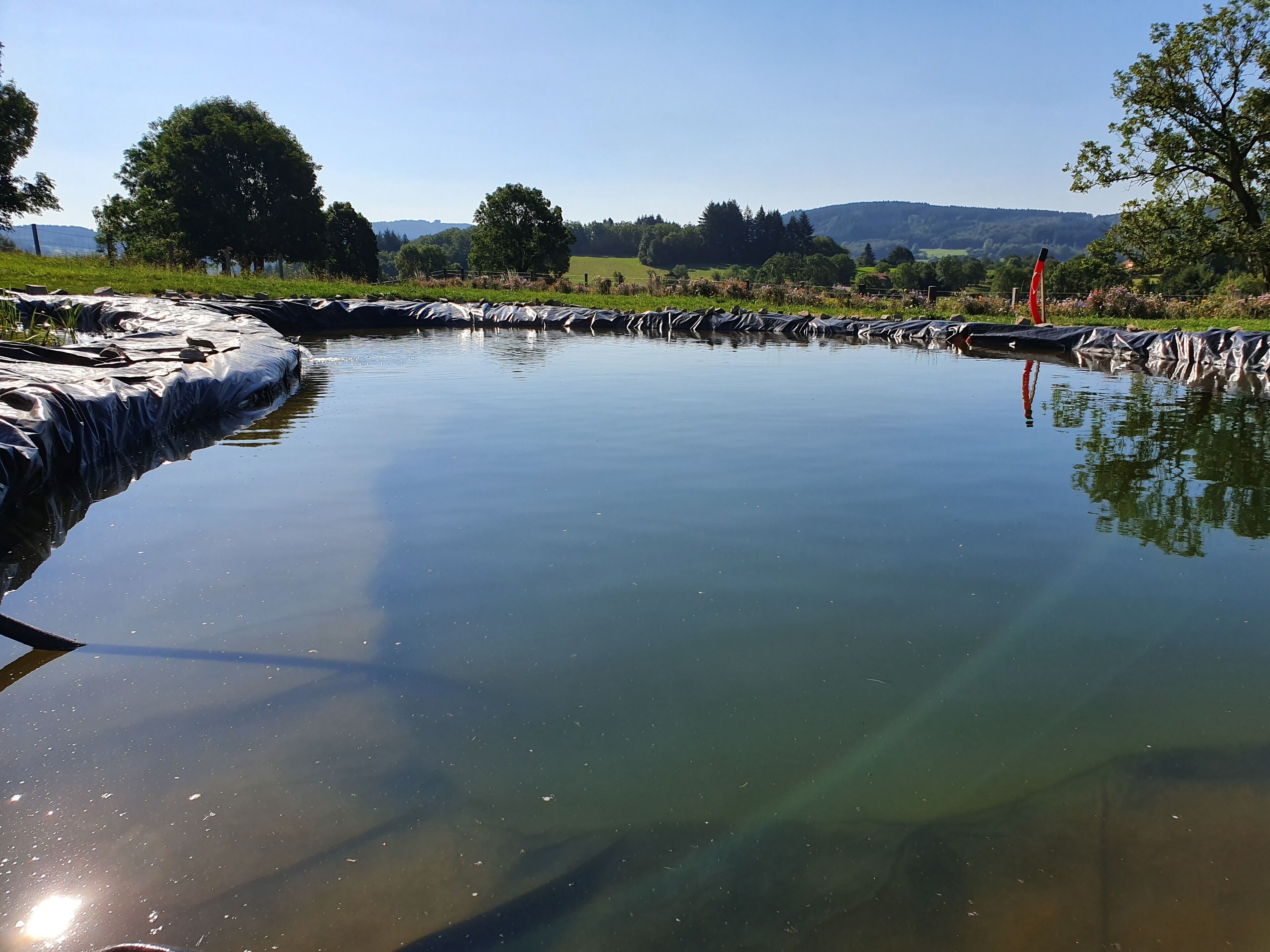 Ruhiges Gewässer mit steiniger Uferlinie und einem Holenzaun im Hintergrund.