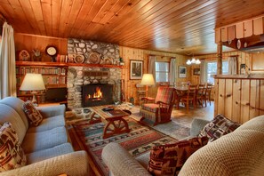 TV, fireplace, video library