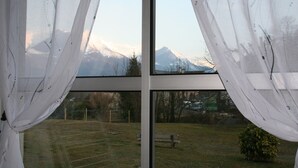 A view through a window with sheer curtains, revealing a grassy area with a bench and a small tree, and a mountain range in the background.