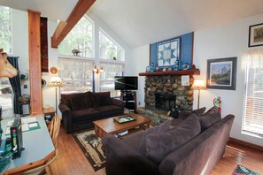 TV, fireplace, DVD player, books