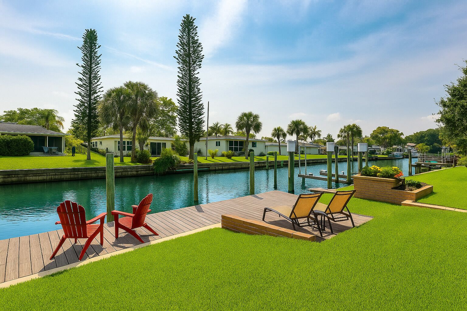 A waterfront property with a wooden deck, red Adirondack chairs, and a grassy lawn.