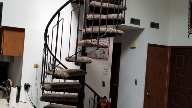 A spiral staircase with a textured handrail and steps, leading to a landing with a decorative wall piece and a door.