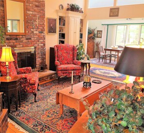 Smart TV, fireplace, books, video library