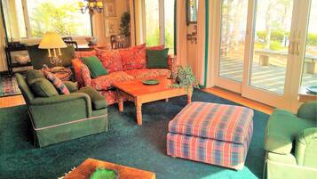 Smart TV, fireplace, books, video library