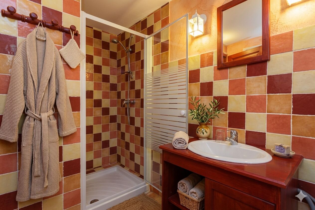 Un bany amb una paret de rajoles de pissarra, una dutxa, un lavabo amb un mirall i una bata penjant a la paret.