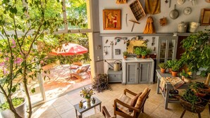 Une cuisine agrémentée de plantes en pot, un coin repas avec une chaise, et une vue sur un jardin grâce à de grandes fenêtres.