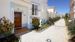 Una estrecha calle adoquinada flanqueada por edificios blancos con detalles azules, una puerta de madera y un pequeño jardín con diversas plantas.