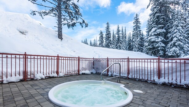 A hot tub surrounded by a red fence, with snow-covered trees and a clear sky in the background.