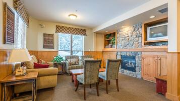 TV, fireplace, books
