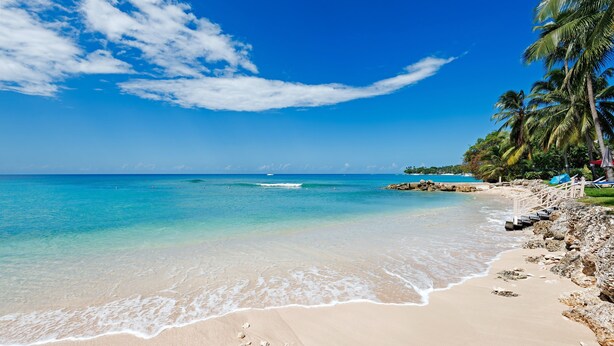 Een strand met helder turquoise water, een zandstrand en palmbomen.