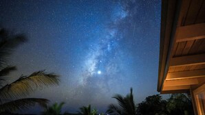 A night sky with stars and the Milky Way visible above a building with a wooden roof and palm trees in the foreground. - Luxury, AC, Adjacent to Acres of State Oceanfront Land (Pahoa)