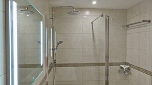 Combined shower/tub, hair dryer, bidet, towels