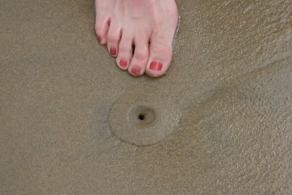 A foot with red nail polish standing on a sandy surface with a circular indentation.