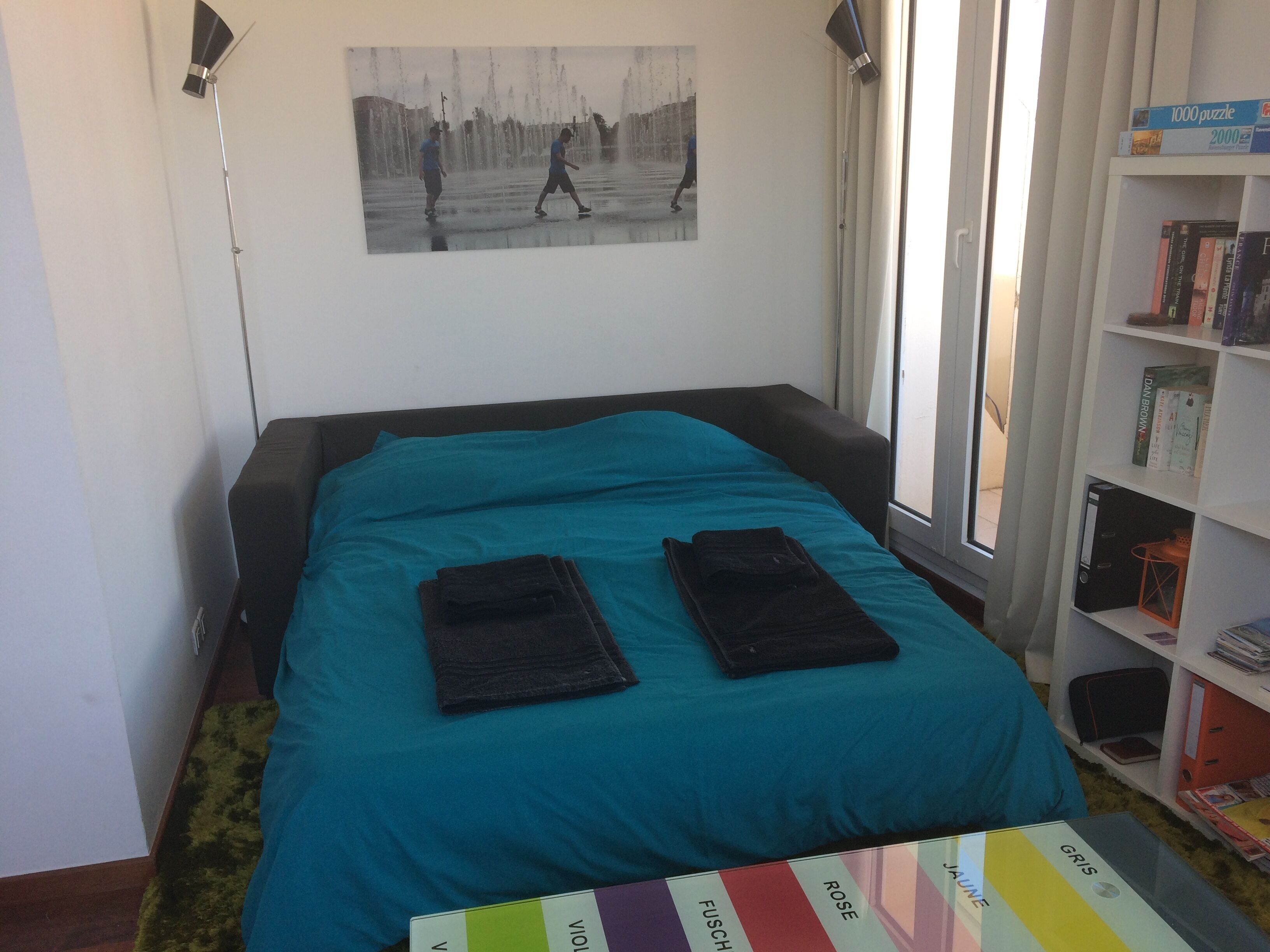 Une chambre à coucher avec un lit, une bibliothèque et une fenêtre.