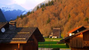 A wooden cabin with a sloped roof, a visible satellite dish, and a small attached structure. - Light airy Chalet - Mountain And Waterfall Views. Excellent access all Amenities (Samoëns)